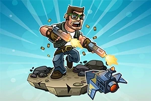 コミカルなスタイルのキャラクターが、飛行するメカに向かって銃を発射しているイラスト。