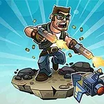 コミカルなスタイルのキャラクターが、飛行するメカに向かって銃を発射しているイラスト。