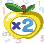 黄色いリンゴの中に「x2」の青い文字があり、背景にカラフルな数字が散りばめられているイラスト。
