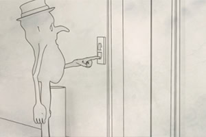帽子をかぶったキャラクターがドアのボタンを押しているシンプルな線画イラスト。