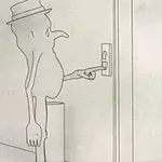 帽子をかぶったキャラクターがドアのボタンを押しているシンプルな線画イラスト。