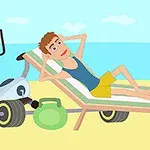 ビーチでデッキチェアに寝そべる男性と周囲に置かれたトレーニング用品。