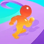色鮮やかなキャラクターがカラフルな曲線の道を走っているイラスト。