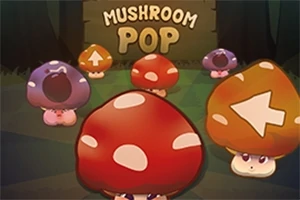 カラフルなキノコが描かれたイラストで、中央に赤いキノコがあり、背景には「MUSHROOM POP」という文字が表示されている。
