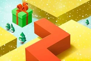 雪が降る中、緑のリボンで飾られたプレゼントと赤いジグザグの通路があるイラスト。