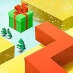 雪が降る中、緑のリボンで飾られたプレゼントと赤いジグザグの通路があるイラスト。