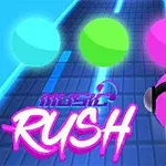 ピンク、緑、青のボールが音楽の道を進む様子。