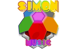 カラフルな文字で「SIMON MUSIC」と書かれたテキストと、多色の六角形パネルが組み合わさったデザイン。