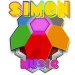 カラフルな文字で「SIMON MUSIC」と書かれたテキストと、多色の六角形パネルが組み合わさったデザイン。