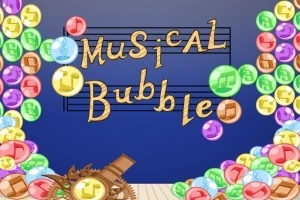 背景に楽譜と「Musical Bubble」という文字が描かれた、多彩な音符入りのカラフルな泡が並ぶイラスト。