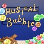 背景に楽譜と「Musical Bubble」という文字が描かれた、多彩な音符入りのカラフルな泡が並ぶイラスト。