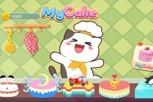 ケーキの前でシェフ帽をかぶった笑顔の猫。
