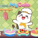 ケーキの前でシェフ帽をかぶった笑顔の猫。