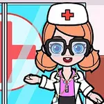 眼鏡をかけた看護師のキャラクターが赤い十字が描かれたガラスドアの前に立っているイラスト。