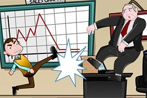オフィスの中で、スーツを着た男性がデスク上の別の男性を蹴っているイラスト。