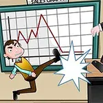 オフィスの中で、スーツを着た男性がデスク上の別の男性を蹴っているイラスト。