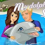 イルカと一緒にプールにいる2人のキャラクター。
