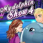 イルカと男性と女性が一緒に描かれているカラフルなイラスト。