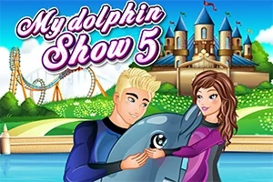 2人のキャラクターがイルカと親しく触れ合う様子、背景に遊園地と城が描かれているイラスト。