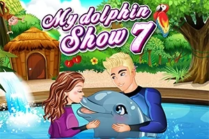 水族館のプールでイルカと遊んでいる2人の人物。