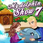 水族館のプールでイルカと遊んでいる2人の人物。