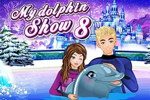 イルカと共に微笑む2人の人物が描かれた冬のテーマのイラスト。