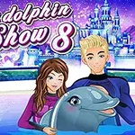 イルカと共に微笑む2人の人物が描かれた冬のテーマのイラスト。