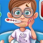 眼鏡をかけたキャラクターが体温計をくわえてベッドに座っているイラスト。