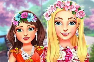 花の冠をかぶった二人の微笑んでいる女性キャラクター。
