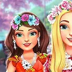 花の冠をかぶった二人の微笑んでいる女性キャラクター。