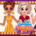 3人のアニメ風キャラクターがビンテージスタイルの服を着て笑顔でポーズをとる。
