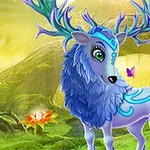 魔法の森にいる青い毛皮と大きな角を持つ幻想的なシカ。