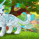 白いトラのユニコーンが緑の草の上に立ち、背景に色鮮やかな木々が広がっている。