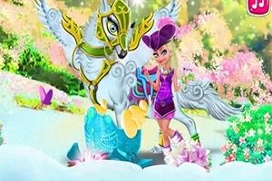 女性と翼のある馬がカラフルな花に囲まれた風景に立っている。