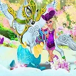 女性と翼のある馬がカラフルな花に囲まれた風景に立っている。