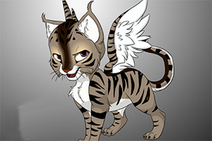 翼のある縞模様の猫のキャラクターが灰色の背景に描かれています。