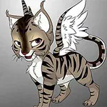 翼のある縞模様の猫のキャラクターが灰色の背景に描かれています。