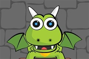 緑色のドラゴンが大きな目と小さな角を持ち、灰色の背景の前に立っているイラスト。