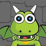 緑色のドラゴンが大きな目と小さな角を持ち、灰色の背景の前に立っているイラスト。