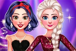 紫の背景に、2人のキャラクターが華やかなドレスとアクセサリーを身に着けて並んでいる。