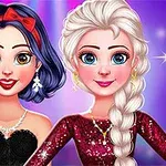 紫の背景に、2人のキャラクターが華やかなドレスとアクセサリーを身に着けて並んでいる。