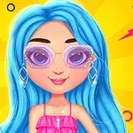 青い髪のキャラクターがピンクのサングラスとドレスを着て、黄色い背景に立っている。