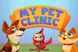 犬、オウム、猫が「MY PET CLINIC」という看板の前にいるイラスト。