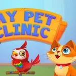 犬、オウム、猫が「MY PET CLINIC」という看板の前にいるイラスト。