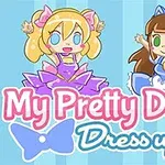 ピンクと青のドレスを着た2人のかわいいキャラクターが描かれたイラスト。