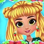 金髪で大きな目をした少女が、苺のイヤリングをつけ、背景に苺の縁取りがあるイラスト。