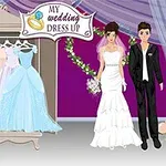 ウェディングドレスを着た新郎新婦とカラフルなドレスが並ぶクローゼット。