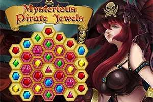 宝石が並ぶパズルの背景に、海賊風の衣装を着た赤髪の女性。