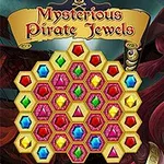 宝石が並ぶパズルの背景に、海賊風の衣装を着た赤髪の女性。