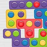 紫、黄色、赤、青、緑のカラフルな丸いボタンがついたパズルピースがフィットしている様子。